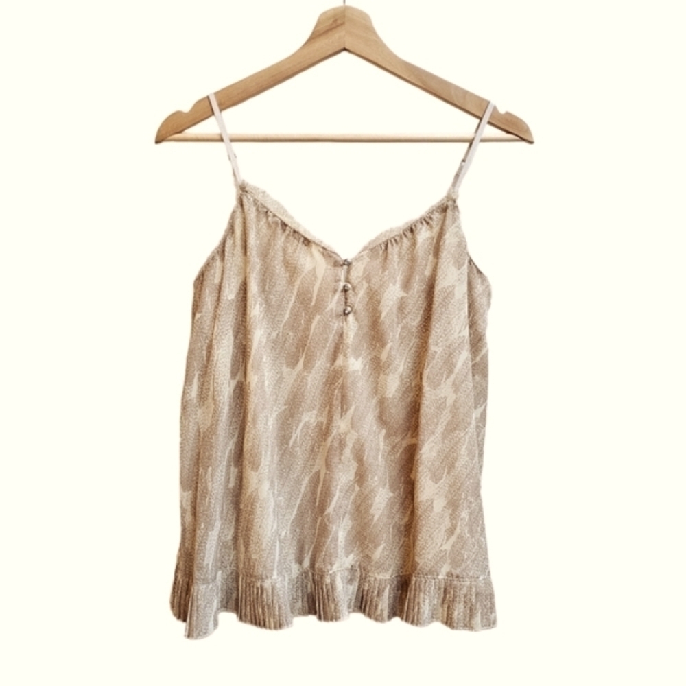 Vera Wang P Taupe Flowy Camisole with Crystal Button and Ruffle Hem, Size Small